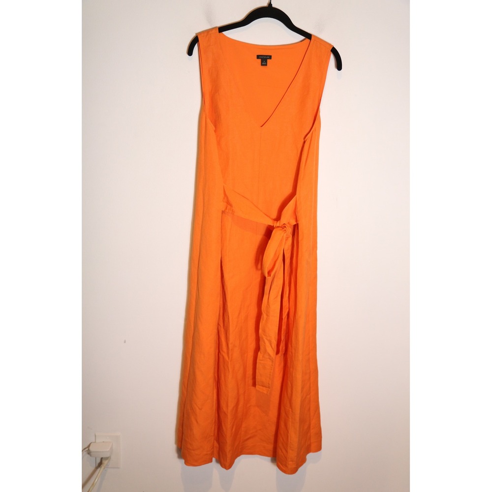 Ann Taylor Linen Orange Tie Waist Wrap V Neck Midi Dress Womens Medium Boho